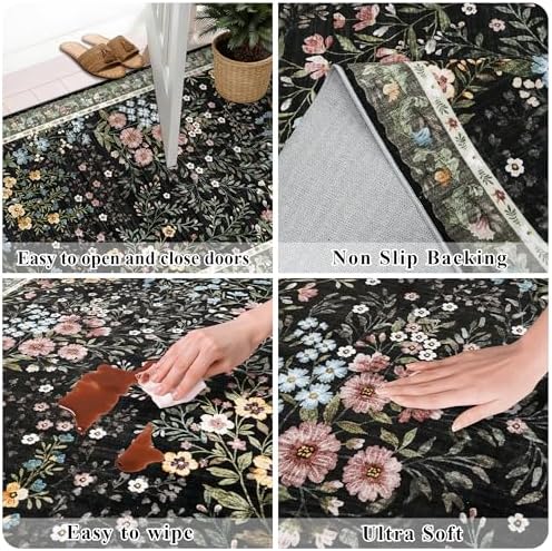 4x4 Square Entry Rug Entryway Foyer: Non-Slip Floral Washable Rugs for Living Room Indoor Floor Kitchen Bedroom - Soft Thin Doormat Carpet Boho Vintage Home Decor (4ft Square, Black) - Image 7