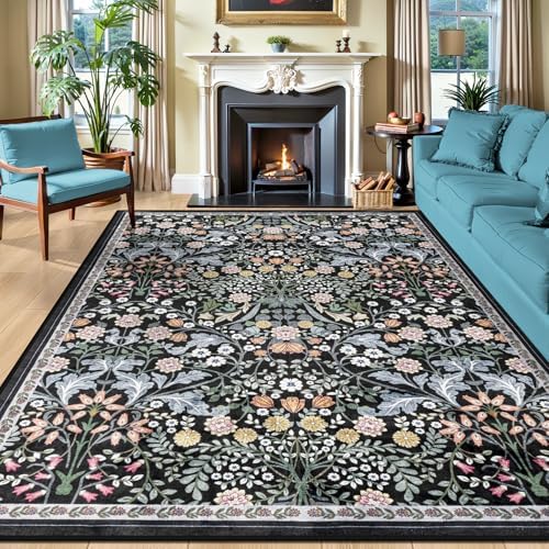 PLHXFR Area Rug 10x12 Living Room: Floral Washable Boho Carpet Dark Black by PLHXFRSoftAreaRugs