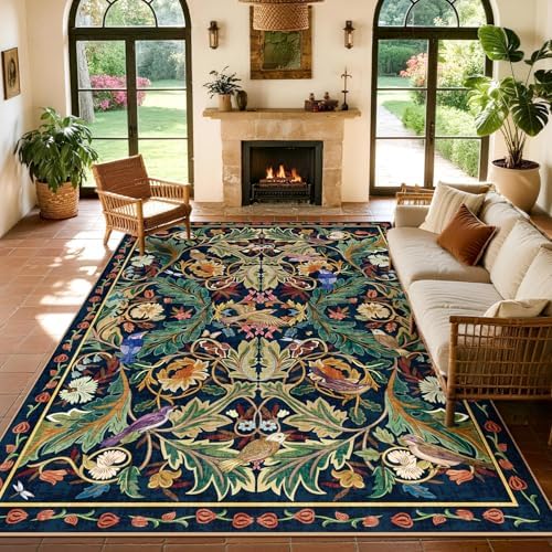 nesrt Jungle Living Room Area Rug 6x9,Boho Washable Floral Large Bedroom Rugs Non Slip, Soft Faux Wool Botanical Woodland Birds Carpet for Kids Playroom Dining Room Dorm Nursery Office (Dark Green) by nesrt