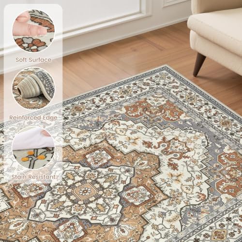 EIEIHOUSE 7x9 Area Rug Washable Vintage Rugs for Living Room Caramel Gray - Image 6