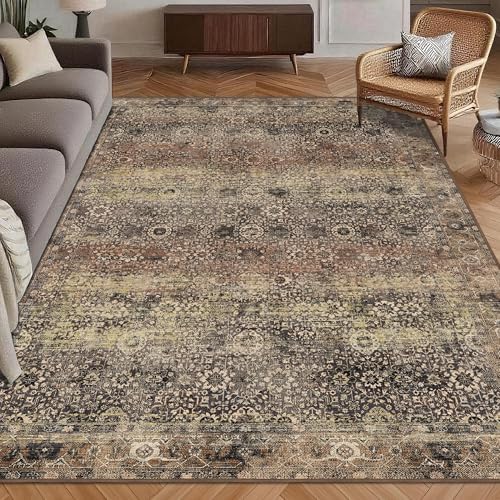 Washable Area Rug 8' x 10' Vintage Traditional Persian Mat - Foldable Distressed Non-Slip Machine Washable Carpet for Living Room Bedroom Kitchen Home Decor - Umber and Slate by Unknown