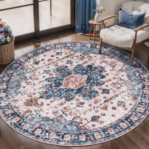 Tangsoo Washable Round Rug 4ft, Oriental Non Slip Small Circle Rug Blue by Tangsoo