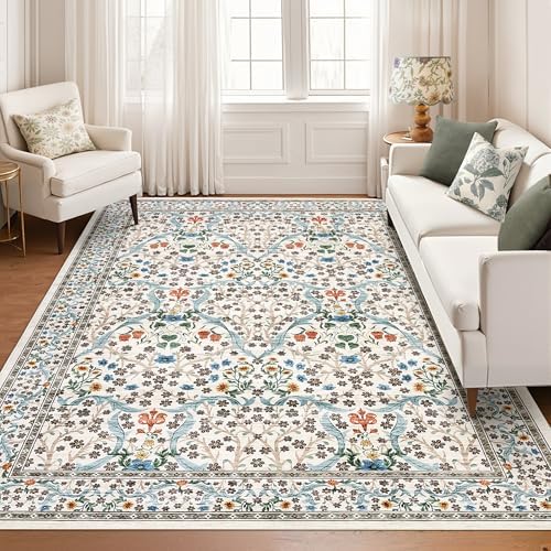 GarveeHome Washable Rug for Living Room, 9x12 Large Area Rug for Dining Room Under Table, Bedroom, Floral Soft Low Pile Non Slip Stain Resistant Carpet for Nursery, Playroom, Office, Beige by GarveeHome