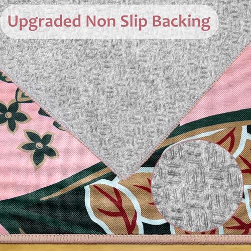Tyrot Pink Boho Floral Living Room Rug, 5x7 Rug Washable Botanical Butterfly Area Rugs Flat Woven Ultra-Thin Non Slip Low Pile Carpet for Bedroom, Dining Room, Office, Kids Room - Image 4