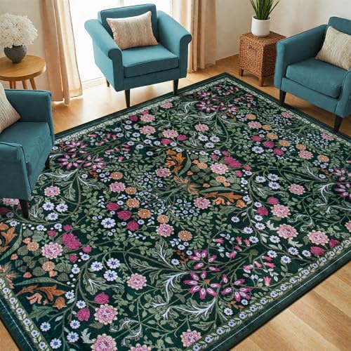 PLHXFR Area Rug Living Room: 5x7 Floral Washable Boho Carpet Dark Green - Image 2