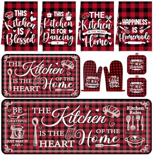 Fourluoo 10 Pcs Red Black Buffalo Plaid Christmas Kitchen Decor Set by Fourluoo