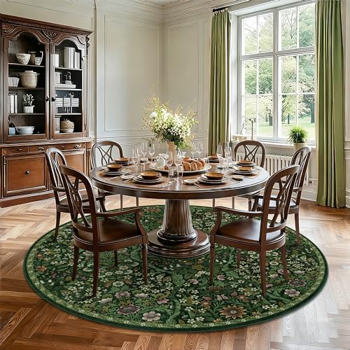 Round Rug 7ft Floral Circle Rug Green Botanical Indoor Area Rug - Image 3