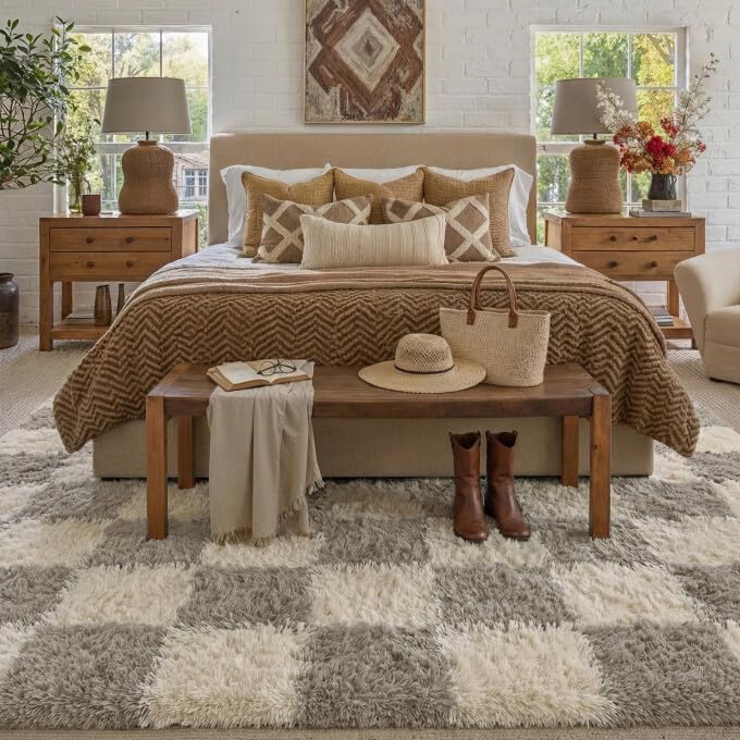 PureCozy Grey 8x10 Area Rug for Living Room Soft Checkered Shag Carpet - Image 3