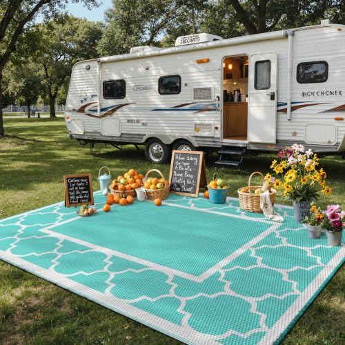 GENIMO Outdoor Rug, Waterproof Plastic Rugs for Patio, 9'x12' Aqua Blue - Image 3