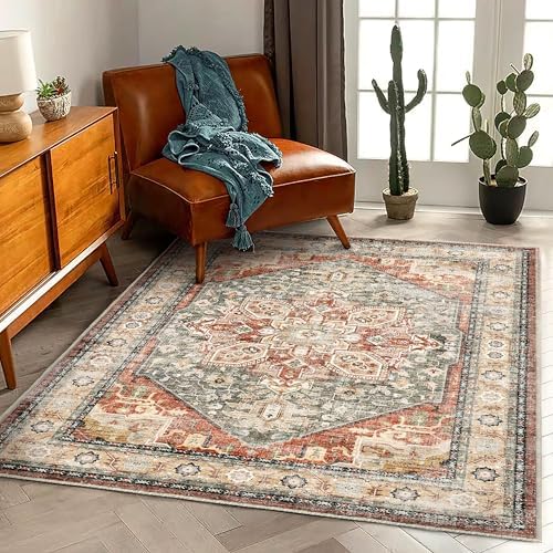 CHAMPLANT 3'x5' Red Khaki Vintage Washable Thin Area Rug Traditional Floor Cover Foldable Indoor Distressed Non Slip Carpet Floral Print Area for Bedroom Living Room Bathroom by CHAMPLANT