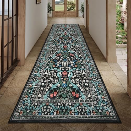 GarveeHome Floral Hallway Runner Rug, 2.5x8 Kitchen Runner Rugs, Washable Non Slip Entryway Rugs Indoor, Ultra-Thin Stain Resistant Carpet Floor Mat for Laundry Room, Black by GarveeHome