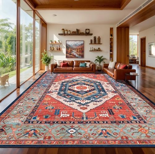 SERISSA 9x12 Washable Non Slip Boho Area Rug for Living Room，Rust by SERISSAHomeDecorCollection