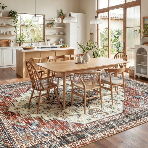 Area Rugs 8x10 Washable Non-Slip Large Boho Rug for Living Room, Taupe Red - Image 2