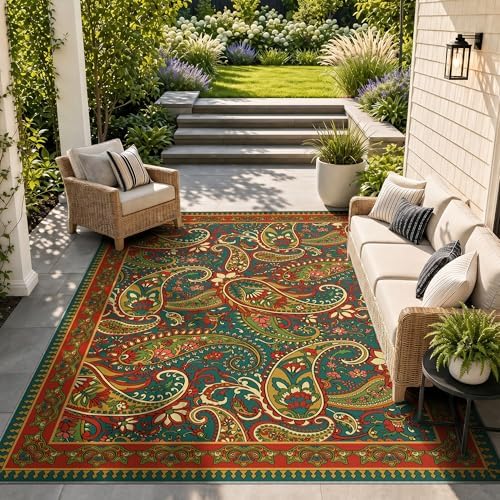 Arenarug Paisley Waterproof Outdoor Rug 5x8, UV Resistant, Terracotta - Image 6