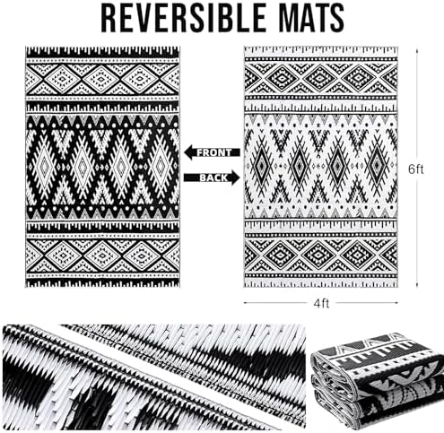 OLANLY Outdoor Rug 4x6 ft Waterproof Reversible Boho Mat, Black & White - Image 2