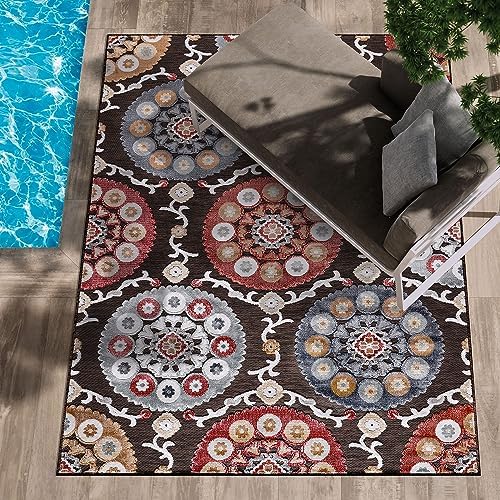 CAMILSON Indoor Outdoor Rug 6x9 Bohemian Medallion Floral Area Rugs for Indoor and Outdoor Patios Easy-Cleaning Non-Shedding Living Room Garden and Kitchen Washable Outside Carpet (6 x 9 / Brown) by CAMILSONIndoorOutdoorAreaRugs