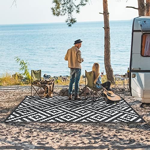 GENIMO Outdoor Rug, Waterproof Plastic Rugs for Patio, 6'x9' Black White - Image 2
