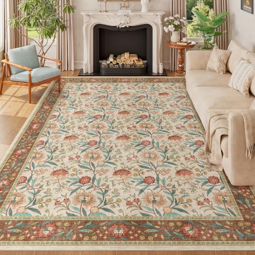 DUKINO 9x12 Area Rug for Living Room, Vintage Floral Washable Rug, Brown by DUKINO