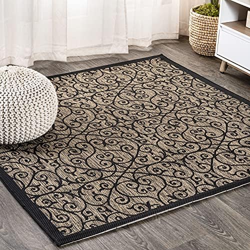 JONATHAN Y Vintage Filigree Indoor Outdoor Square Area Rug 8X8 Black/Khaki, Madrid Textured Weave for Backyard, Patio, Porch, Easy-Cleaning, High Traffic, Pet-Friendly, Non-Shedding (SMB107A-8SQ) by JONATHANY