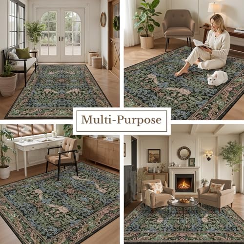 8x10 Area Rug Living Room: Soft Floral Washable Carpet Brown Green - Image 5