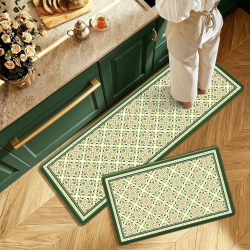 2PCS Vintage Floral Anti-Fatigue Kitchen Mats, Non-Slip Cushioned Floor Rug by Unknown