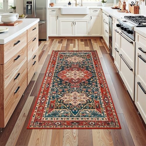 YJ.GWL 2x6 Rug Runners for Hallways, Non Slip Kitchen Washable Long Runner Rugs, Soft Floral Vintage Carpet Runner for Livingroom Bedroom Bathroom Entryway, Orange-Red - Image 2