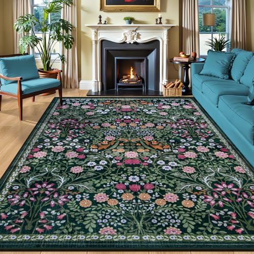 PLHXFR 8x10 Area Rug Living Room: Floral Washable Boho Carpet Dark Green by PLHXFRSoftAreaRugs