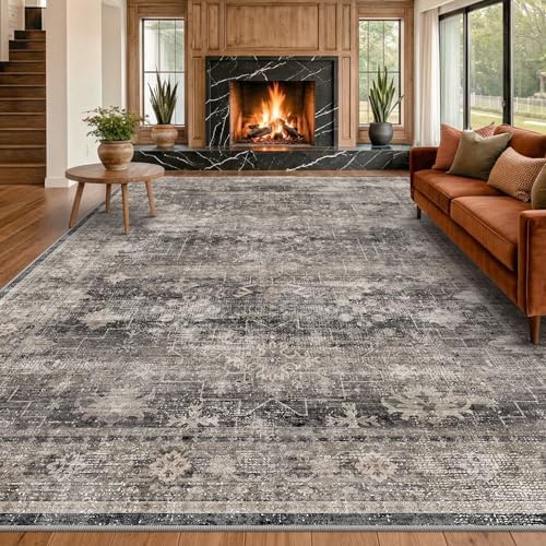 Modern 8x10 Charcoal and Beige Area Rug for Living Room, Washable Farmhouse Boho Rug for Bedroom, Distressed Oriental Geometric Design, Stain Resistant Low Pile Non-Slip Ultra Soft, Moody Décor - Image 6