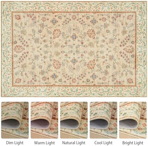 Goideal Beige Rug for Girls Room, 5x7 Floral Washable Area Rug Non Slip, Boho Low Pile Carpet with Rubber Backing for Bedroom Living Room Bathroom Playroom Nursery Office - Image 6