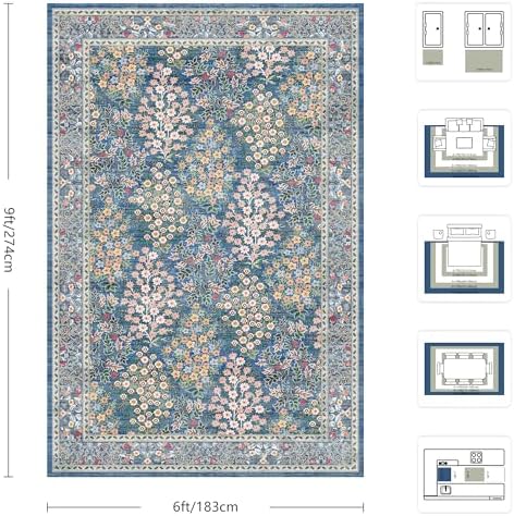 6x9 Area Rugs, Washable Floral Area Rugs for Living Room, Indoor Area Rug for Bedroom, Dining Room, Low Pile Non-Slip Non Shedding Rug(Blue Floral) - Image 2