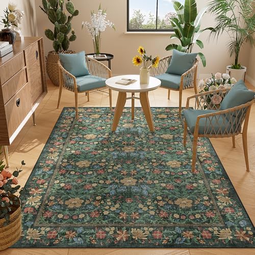 DUKINO 4x6 Rug for Living Room, Washable Vintage Floral Area Rug, Green - Image 5
