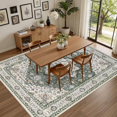 6x9 Area Rugs Living Room: Washable Rug for Bedroom Green Ivory - Image 5