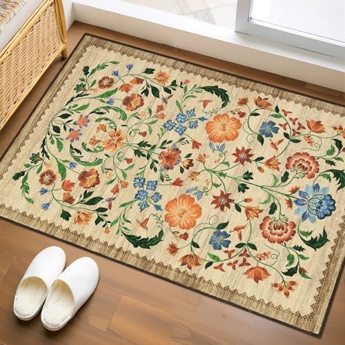 GarveeHome Floral Rug for Entryway 2x3 Rugs Machine Washable Boho Small Area Rug Non-Slip Low-Pile Front Door Soft Mat for Entrance, Bedroom, Kitchen, Laundry, Bathroom, Beige by GarveeHome