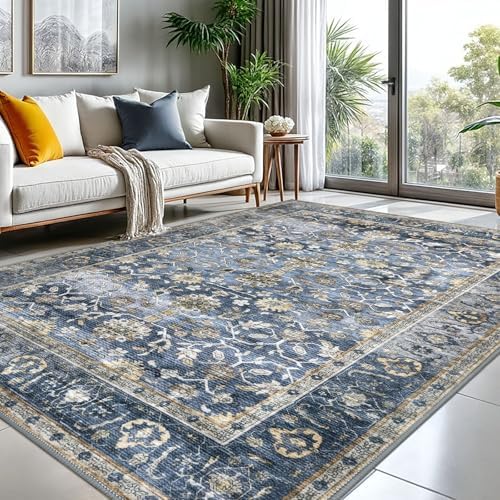 KUTA Vintage Area Rugs 8x10 Blue Grey Beige Washable Large Rug by KUTA