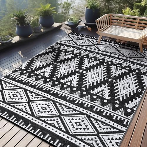 OLANLY Outdoor Rug 8x10 ft Waterproof Reversible Boho Mat, Black & White by OLANLY