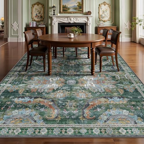 9x12 Area Rug, Vintage Retro Soft Washable Rug, Non-Slip Low Pile Rugs for Living Room, Bedroom, Dining Room, Stain Resistant Home Decor Rug (Green) - Image 4