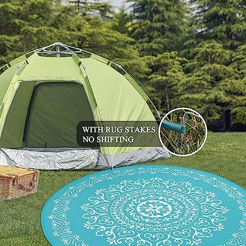 Pauwer Outdoor Rug 6ft, Waterproof Plastic Straw Camping Rug, Floral Teal - Image 6