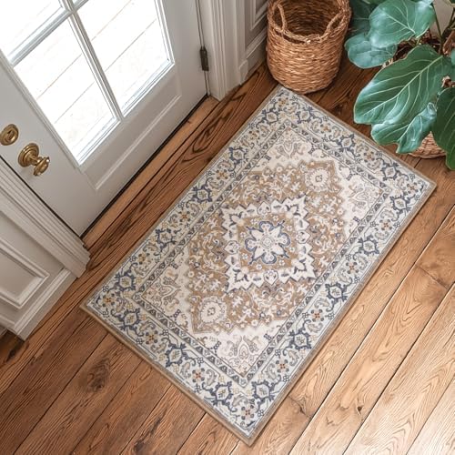 Lessymo 2x3 Entryway Rug, Machine Washable Indoor Mat Non-Slip, Brown Beige - Image 4