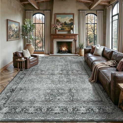 8x10 Area Rugs for Living Room - Washable Vintage Retro Large Rug, Soft Ultra Thin Non Slip Low Pile Traditional Distressed Boho Carpet for Bedroom Dining Room Home Office, Black Grey by Yarooge