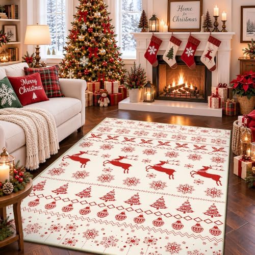 Christmas 4x6 Area Rugs for Entryway, Washable Rug Soft Non-Slip Low Pile Christmas Tree Elk Snowflake Small Carpet for Kitchen Living Room Bedroom Kids Nursery Holiday Throw Home Decor(Red/Cream Elk) by Yarooge