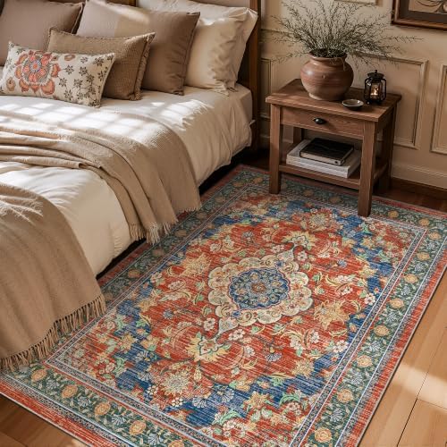3x5 Boho Washable Area Rugs, Non Slip Indoor Foldable Carpets, Retro Red - Image 2