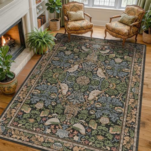 Hazo Haus Vintage Floral & Bird Washable Area Rug 5x7 - Dark Green Traditional Forest Distressed Antique Rugs for Living Room, Bedroom, Dining Room, Non-Slip Stain Resistant Low Pile - Image 6