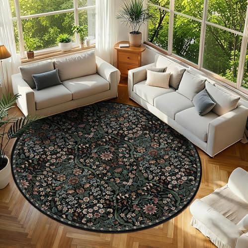 Round Rug 8ft Floral Circle Rug Black Botanical Indoor Area Rugs by NakedCloud