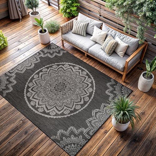 CAMILSON Outdoor Rug 5x7 Modern Area Rugs for Indoor and Outdoor Patios and Porches - Waterproof Washable Non-Shedding Easy-to-Clean Outside Carpet (5 x 7, Medallion - Dark Grey/Light Grey) - Image 5