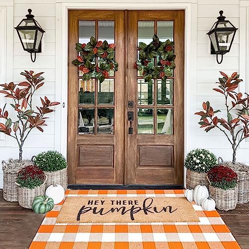 Fall Outdoor Rug Orange Buffalo Plaid Outdoor Rug Cotton Hand-Woven Buffalo Check Rug Layered Doormats for Front Door/Front Porch/Farmhouse/Entryway/Patio(Orange and White Plaid, 3' x 5') - Image 4