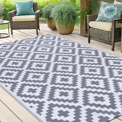 Smiry Outdoor Rug 5x8 ft Waterproof Reversible Boho Mat, White & Grey - Image 6