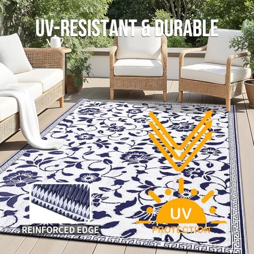 OLANLY Outdoor Rug 5x8 ft Waterproof Reversible Floral Mat, Navy & White - Image 4