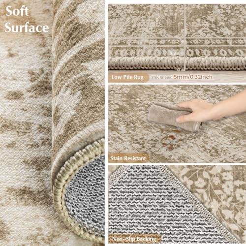 Vintage Living Room Area Rug - 9x12 Large Machine Washable Boho Area Rug Distressed Floral Rugs for Bedroom, Soft Non-Slip Indoor Floor Accent Rugs for Office Dining Room (Floral Brown, 9'x12') - Image 7