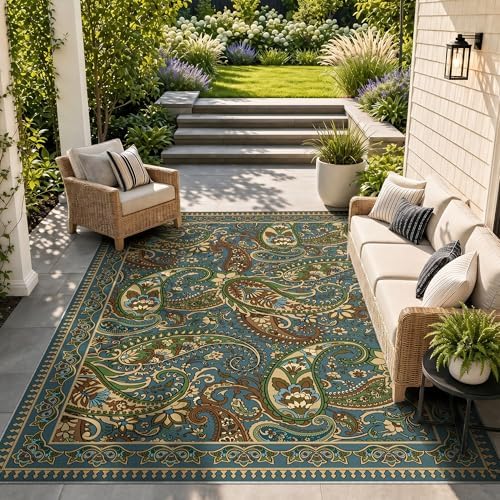 Arenarug Paisley Waterproof Outdoor Rug 5x8, UV Resistant, Sage&Blue - Image 6