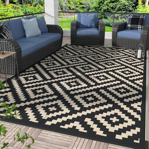 GENIMO Outdoor Rug, Waterproof Plastic Rugs for Patio, 4'x6' Black Beige by GENIMO